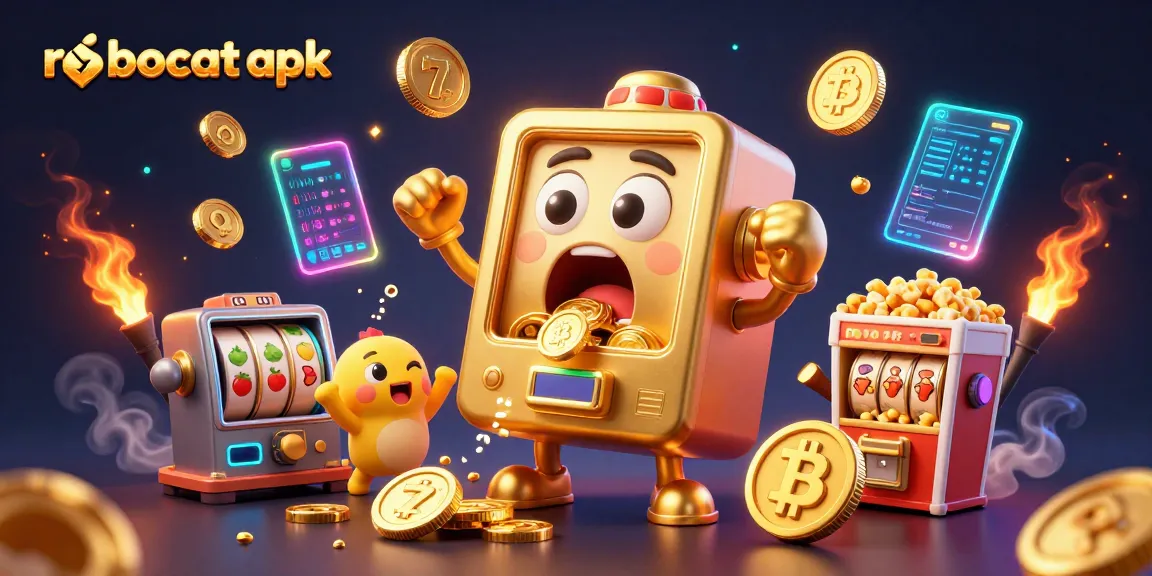 Win with robocat apk as golden slot machines celebrate a jackpot in an action-packed casino scene.