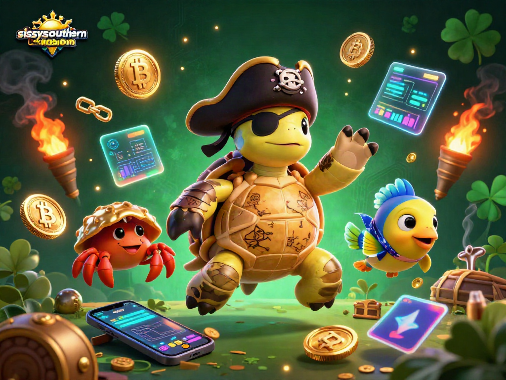 Sissy's Southern Kitchen showcases a dynamic 3D scene with an adventurous pirate turtle, leading a treasure hunt filled with crypto rewards.