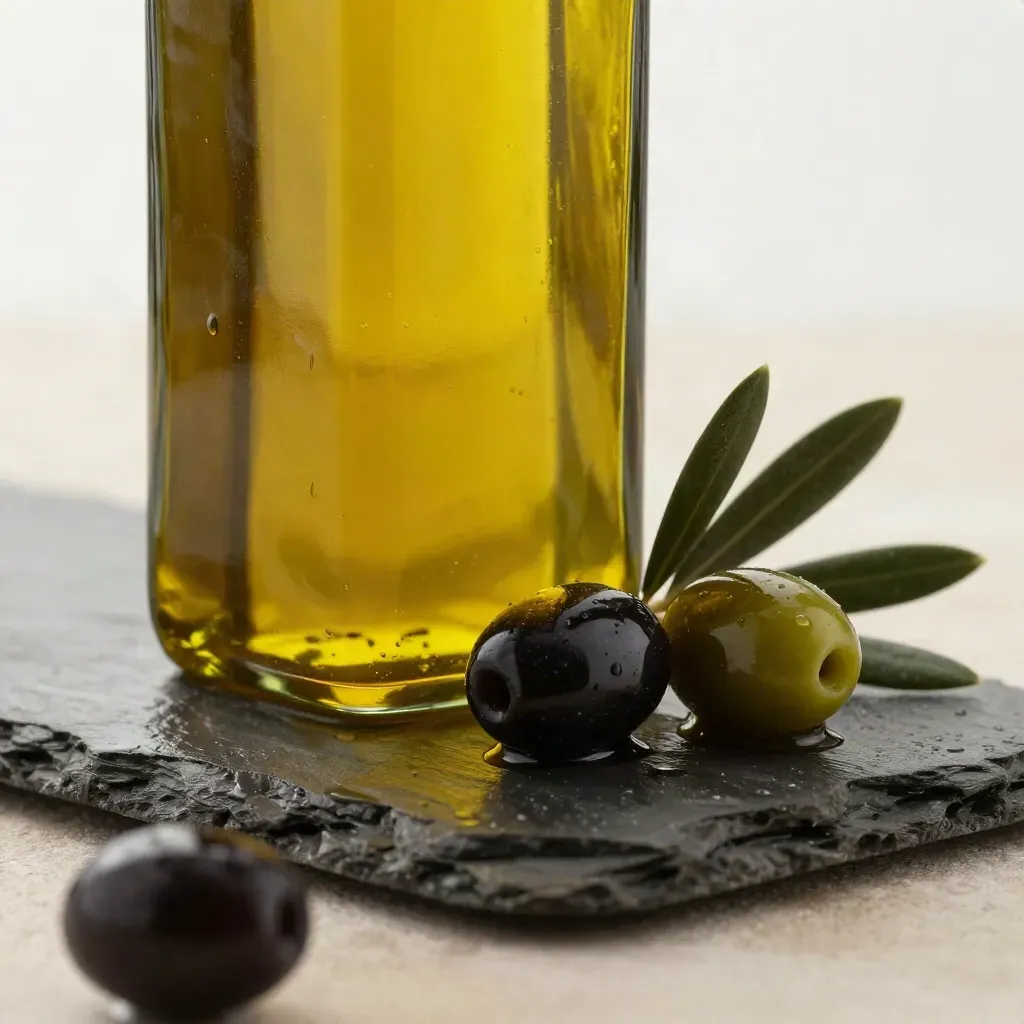 Botella ámbar de aceite de oliva con aceitunas y hoja de olivo sobre piedra mojada.