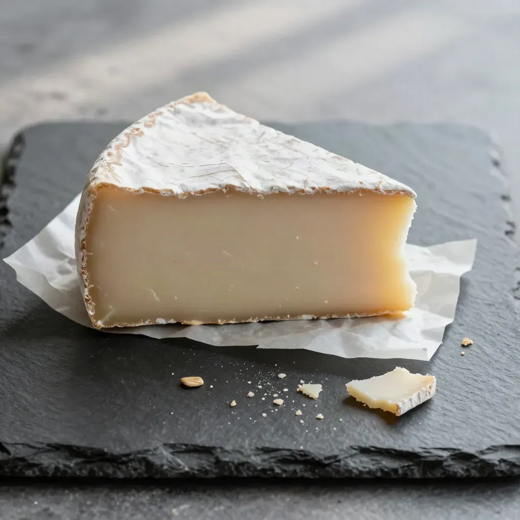 Queso curado de oveja en cuña con media pieza, papel encerado y migas sobre piedra pizarra.