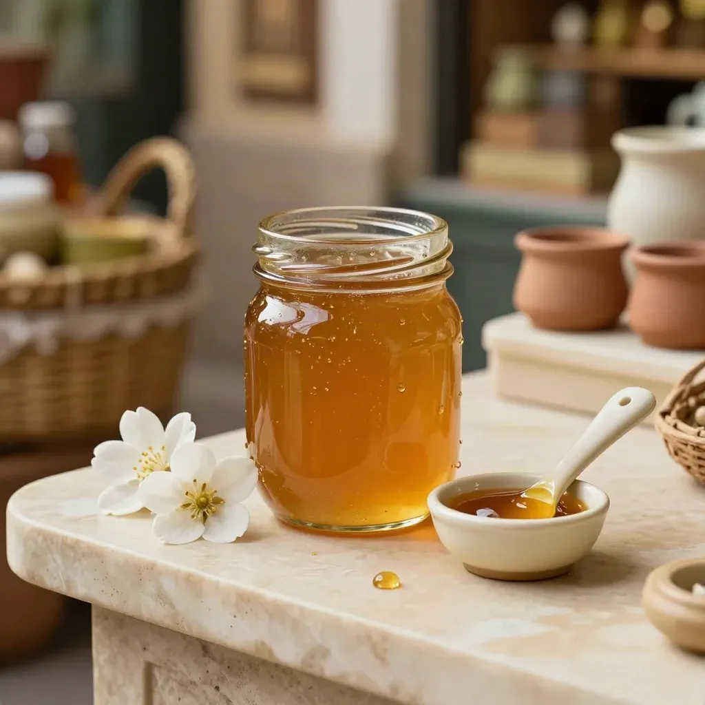 Tarro de miel de azahar con hilo ámbar, cucharilla cerámica y flor fresca sobre piedra crema.