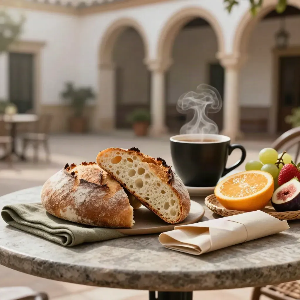 Desayuno sevillano con pan, café y fruta sobre piedra, luz suave y patio mediterráneo.