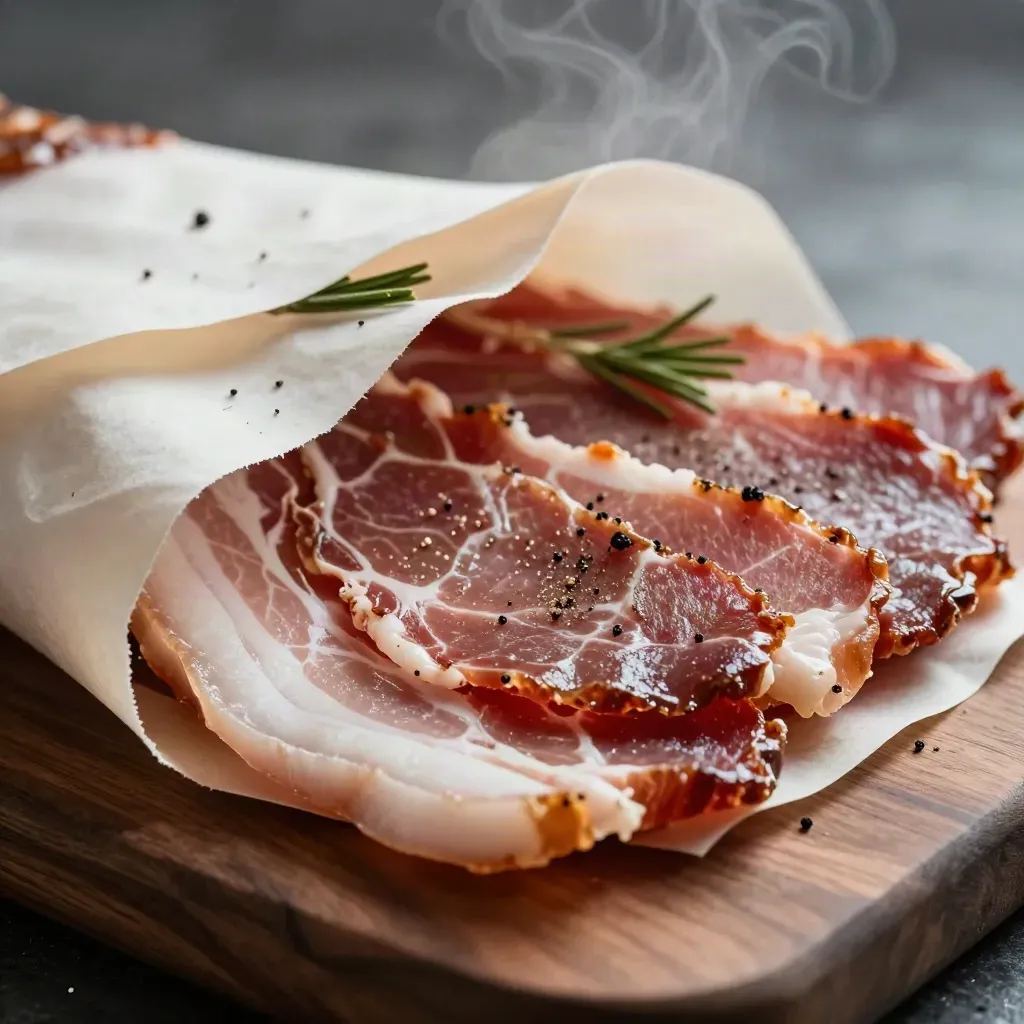 Lomo ibérico loncheado en abanico con romero y pimienta sobre tabla oscura.