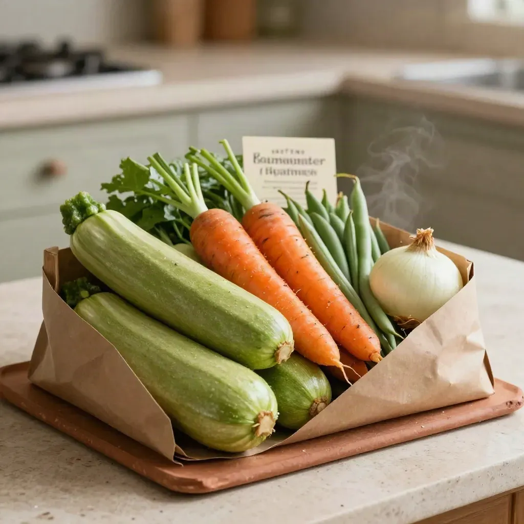 Caja baja de verduras del día con calabacín, zanahoria, judías y cebolla sobre piedra cálida.