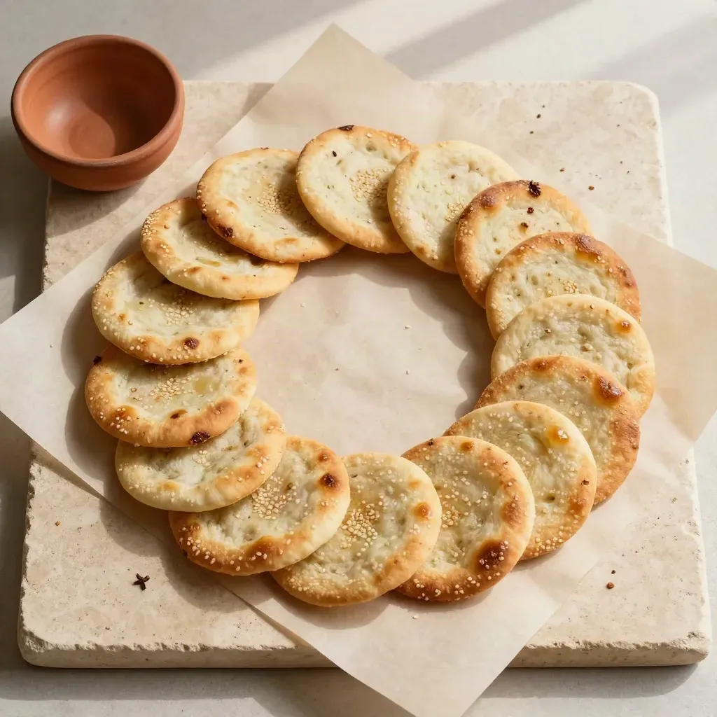 Tortas de aceite en espiral sobre papel de panadería, vista cenital sobre piedra clara.