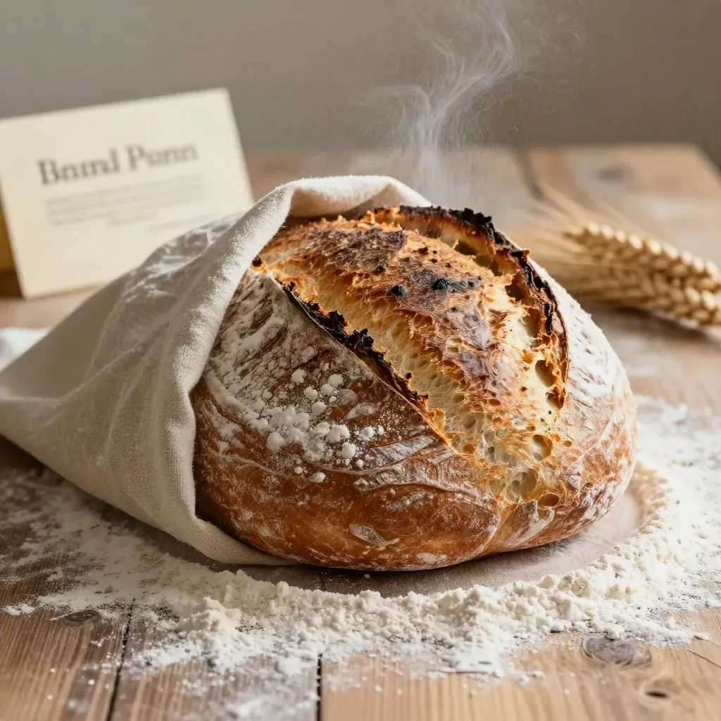 Hogaza de masa madre rota sobre lino crudo, con harina suspendida y fondo suave de panadería.