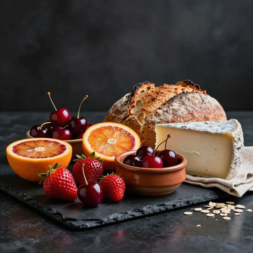 Fruta roja, cítricos, pan y queso sobre una mesa oscura con luz dramática.