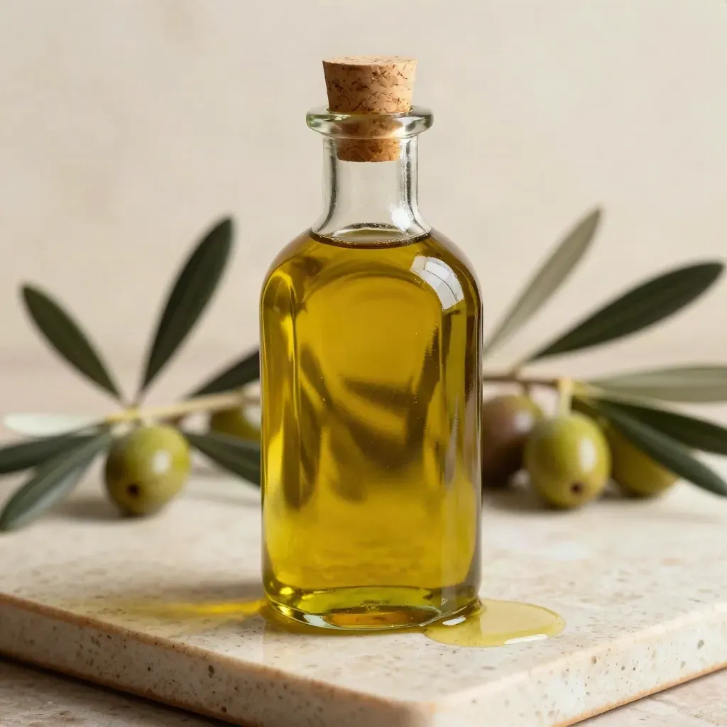 Botella alta de aceite de oliva sobre travertino, con hoja de olivo y brillo ámbar.