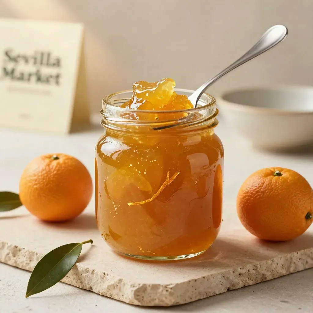 Tarro de mermelada de naranja con cuchara, gajos confitados y dos naranjas sobre piedra clara.