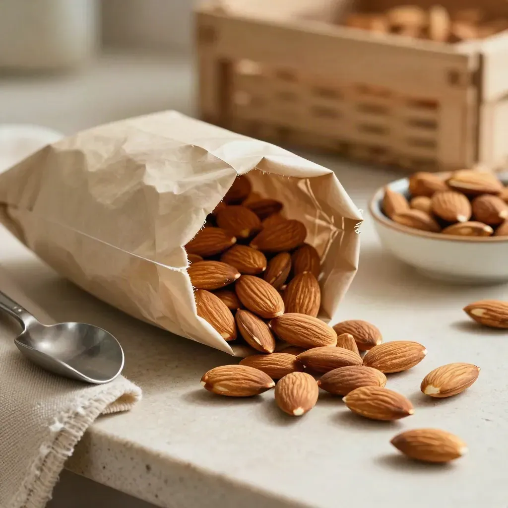 Bolsa de almendras tostadas abierta sobre piedra, con almendras derramadas y luz suave