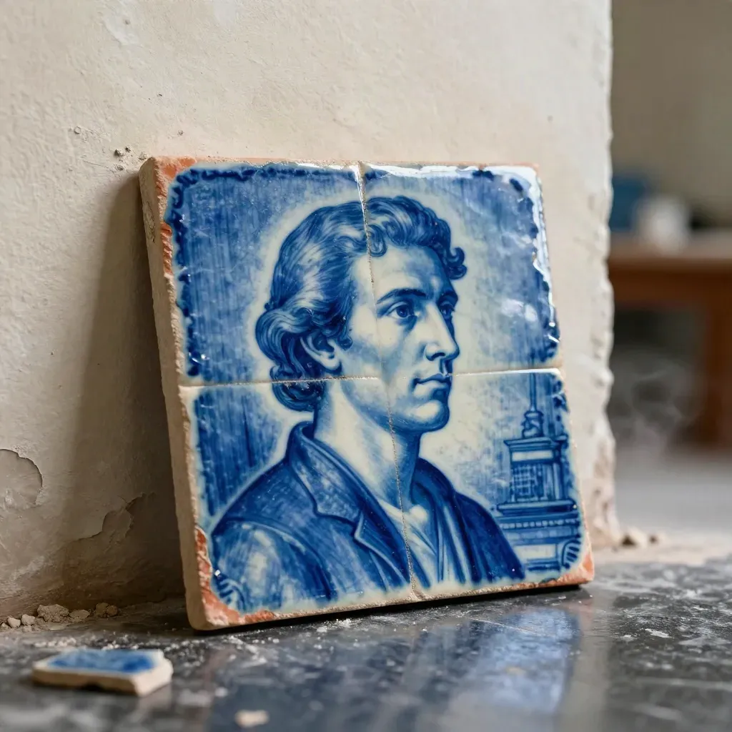 Azulejo pintado azul y terracota sobre yeso texturizado, con brillo dramático y aire de taller.
