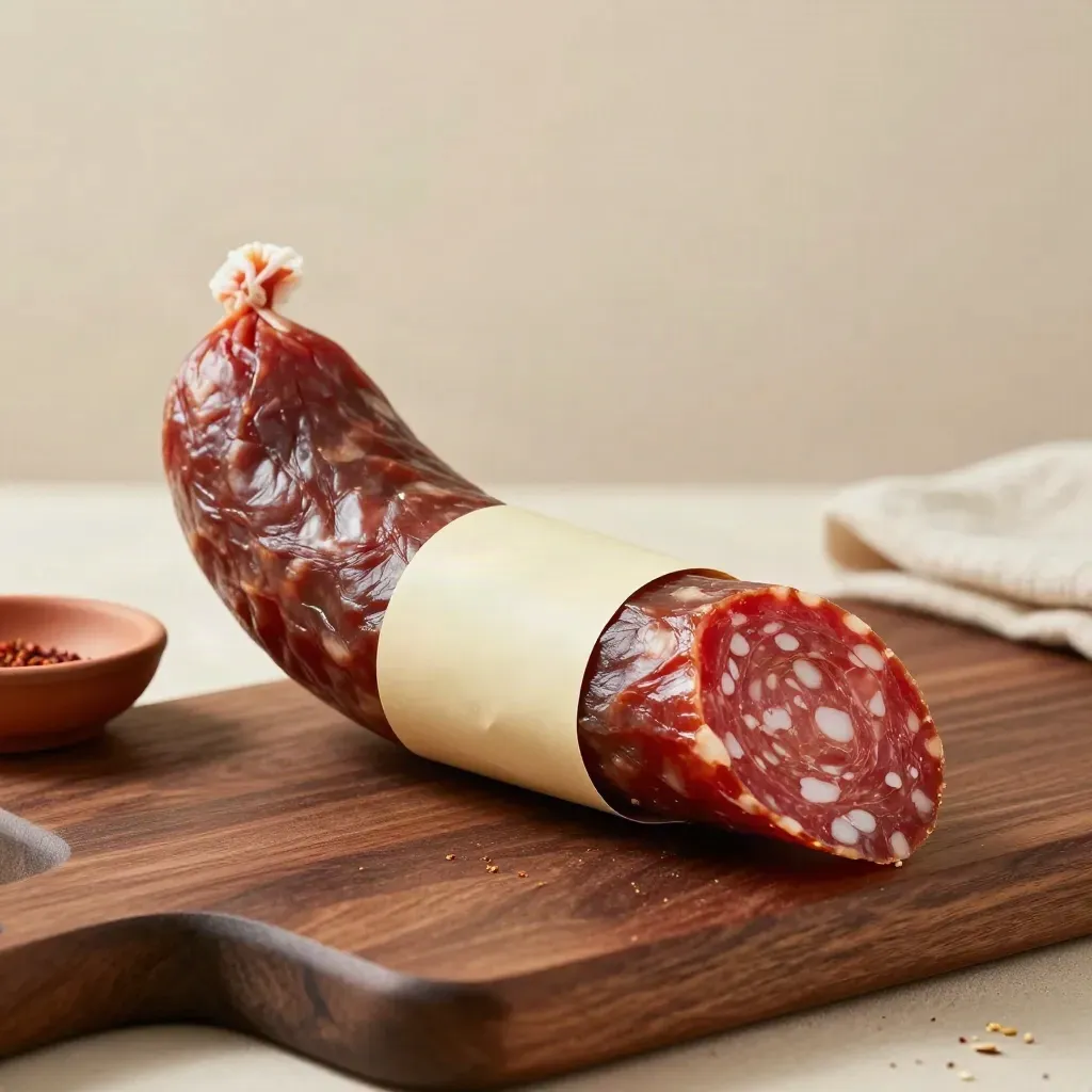 Pack de chorizo ibérico sobre tabla oscura con toque terracota y luz suave.