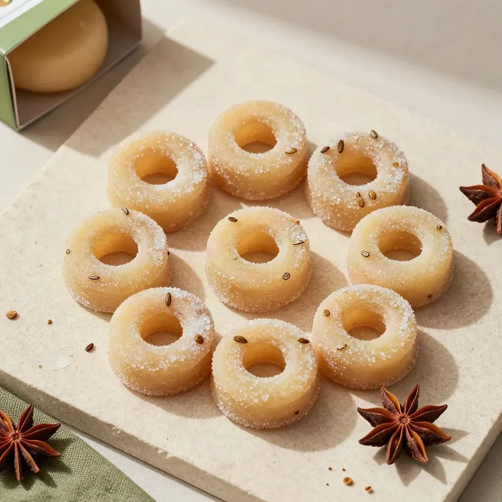 Roscos de anís en círculo con azúcar glas, anís estrellado y caja crema sobre piedra clara.
