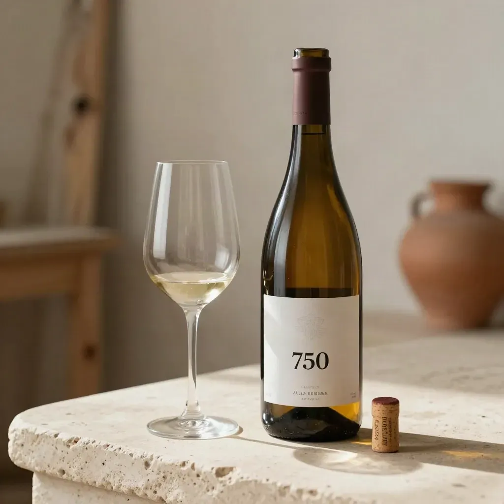 Botella de vino sin etiqueta con copa vacía y corcho sobre piedra crema.