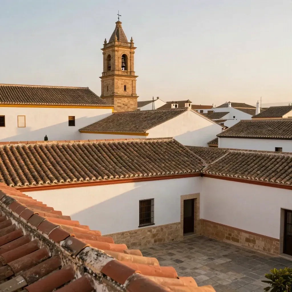 Tejados sevillanos al atardecer con una torre lejana y un patio encalado
