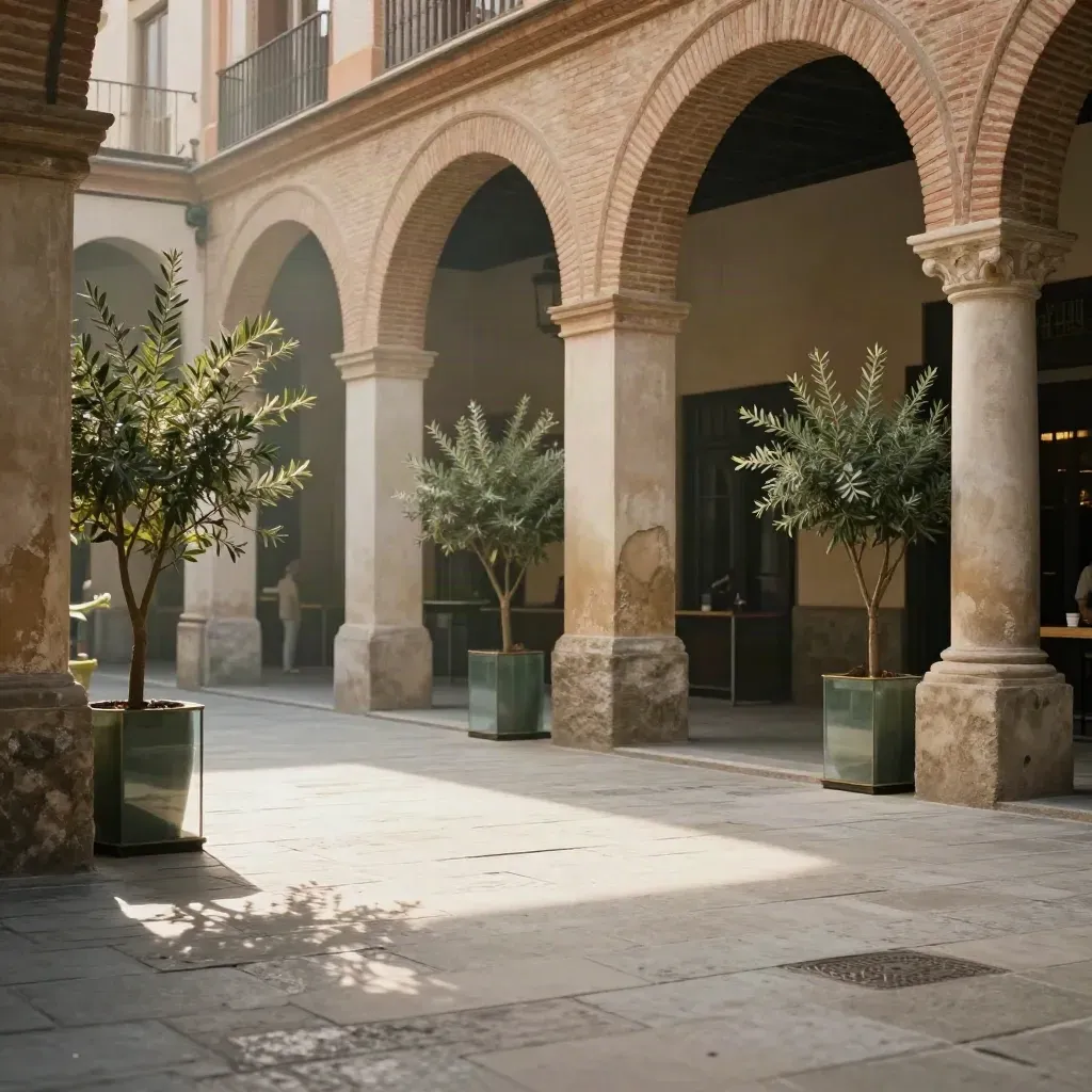 Galería de mercado sevillano con arcos de ladrillo y suelo calmado, vista baja y luminosa.