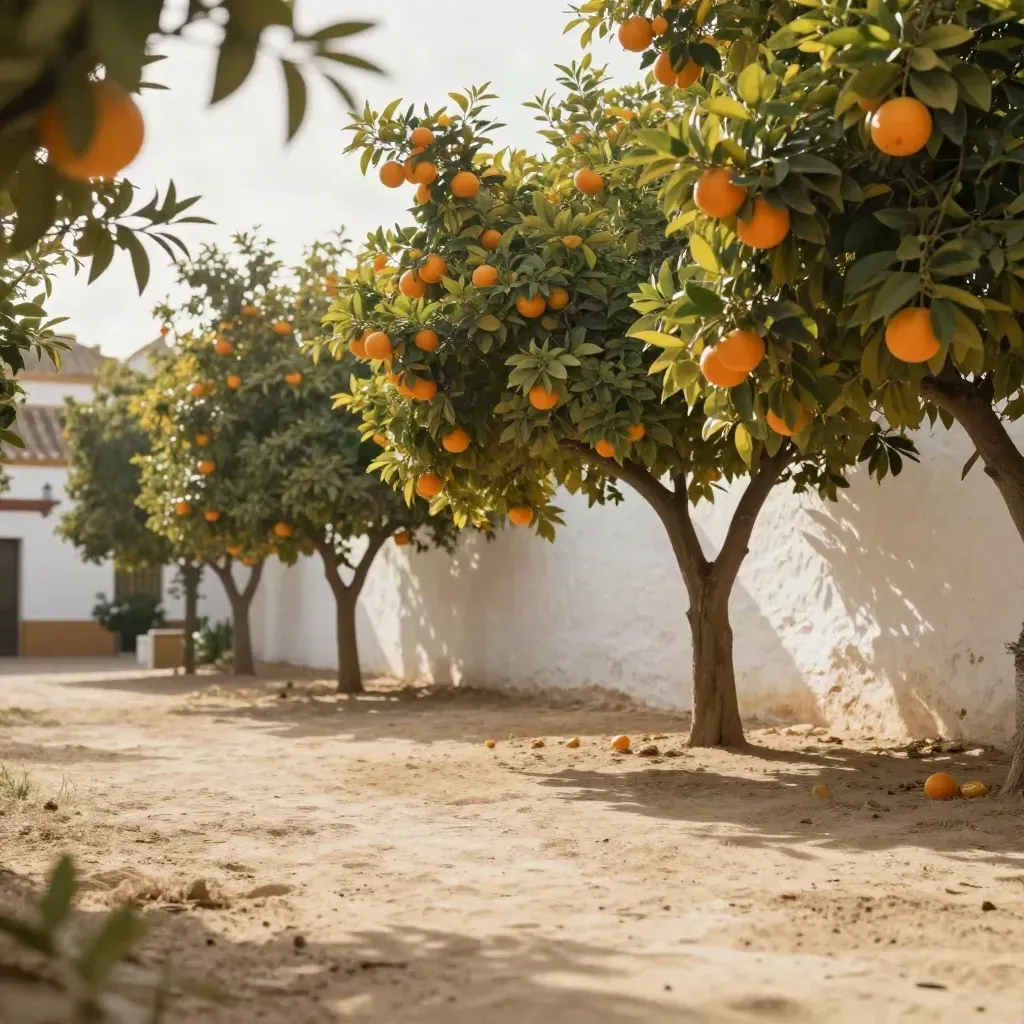Naranjos cargados junto a un muro encalado y camino de albero en Sevilla.
