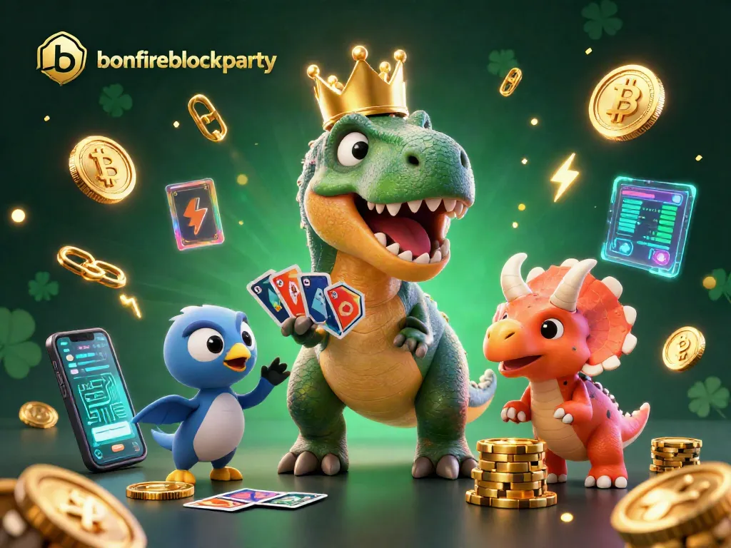 Engage in thrilling gameplay at bonfireblockparty with a card-shuffling T-Rex and vibrant crypto coins.