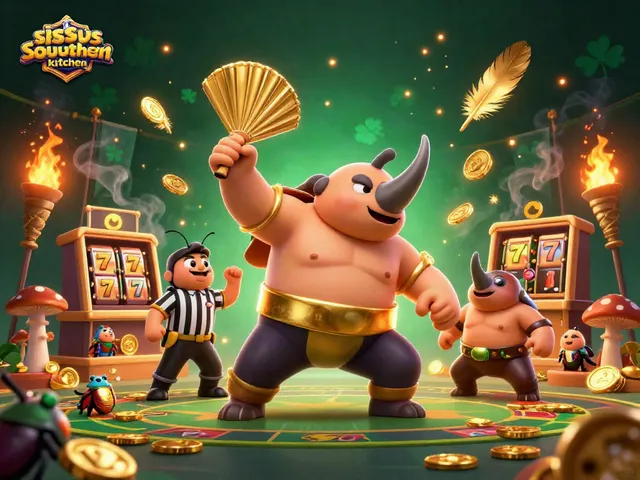 Sissyssouthernkitchen reveals a dynamic casino scene with a beetle champion surrounded by flying coins.