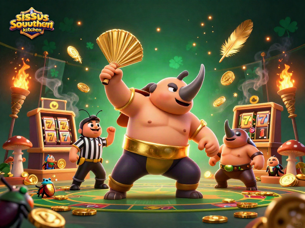 Sissyssouthernkitchen reveals a dynamic casino scene with a beetle champion surrounded by flying coins.